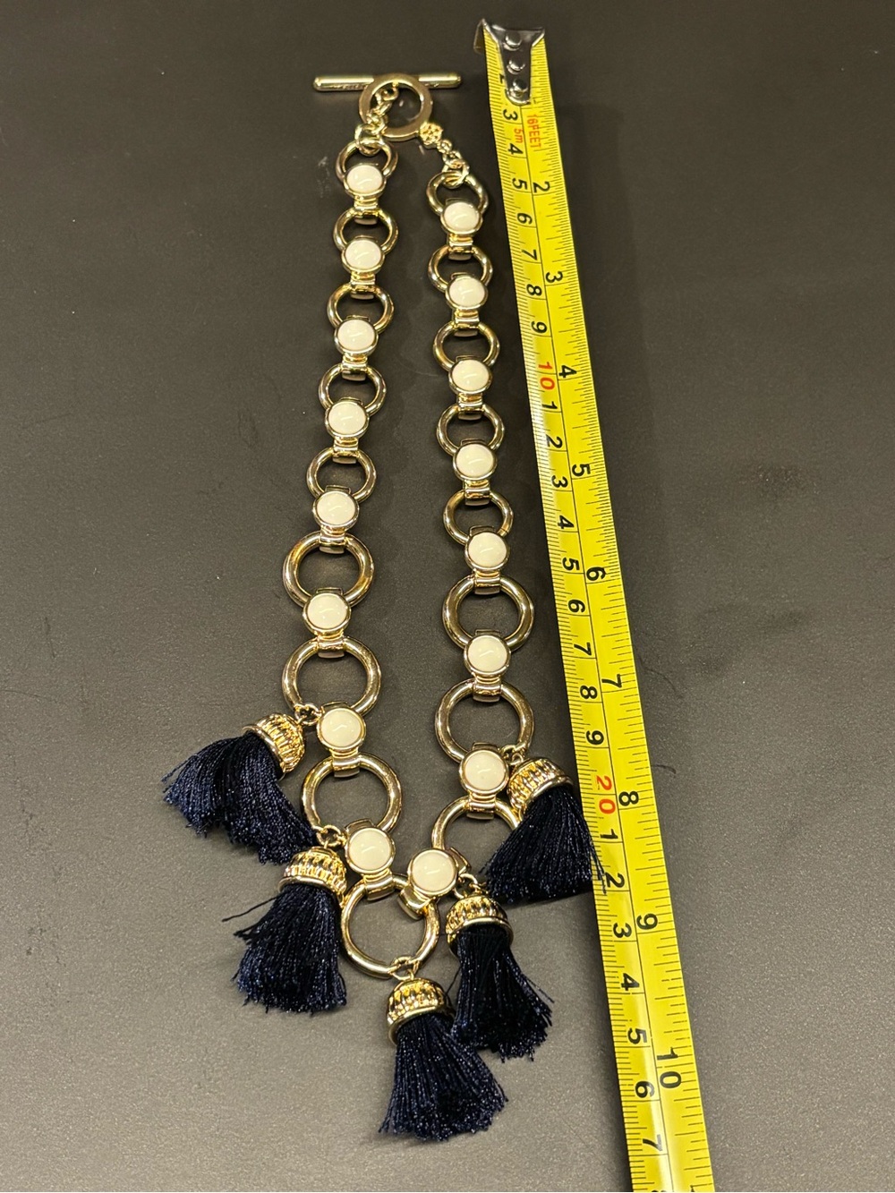 Trina Turk Gold Chain Necklace with Navy Tassels and white details. 10” - Picture 4 of 5